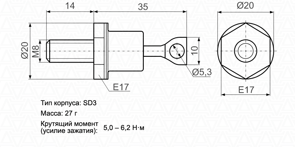 Схема габаритных размеров диода Д132-63, Д132-63Х