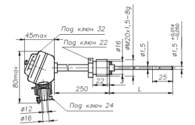 Габаритный чертеж преобразователей термоэлектрических ТХА-1690В, ТХК-1690В